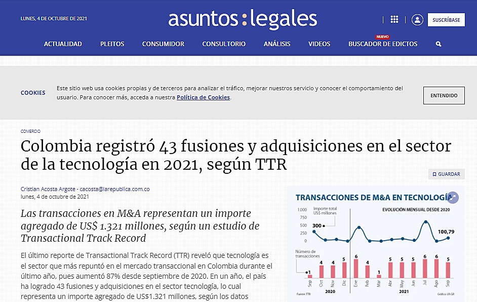 Colombia registr 43 fusiones y adquisiciones en el sector de la tecnologa en 2021, segn TTR